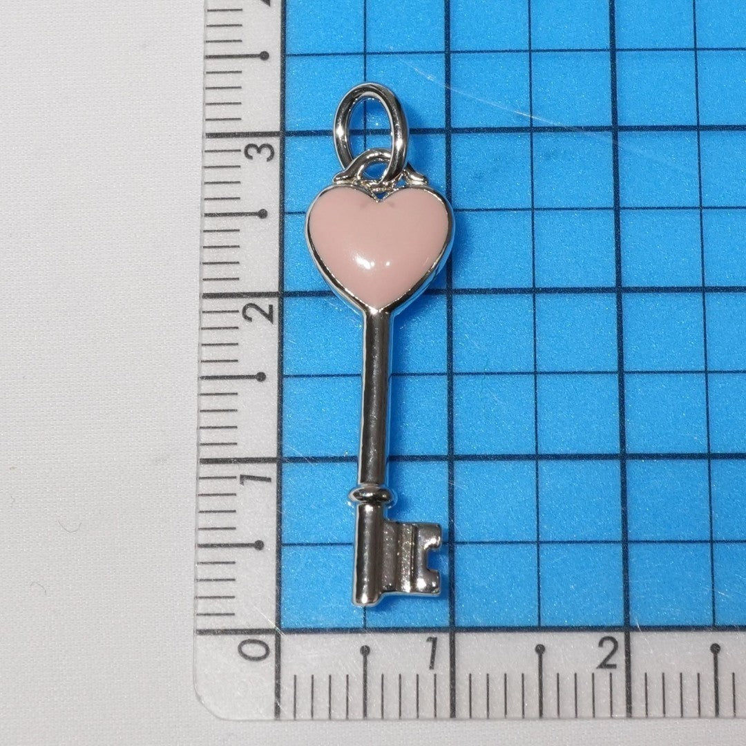 Tiffany & Co Sterling Silver 925 Pink Enamel Heart Key Pendant Top Charm