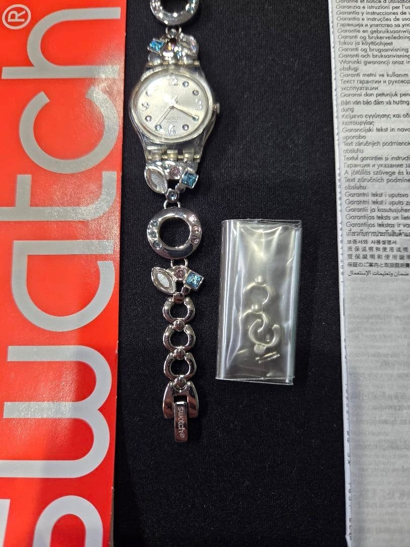 Swatch Menthol Tone LK292G Ladies Watch Crystal Bracelet Silver Swiss Quartz
