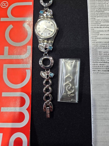 Swatch Menthol Tone LK292G Ladies Watch Crystal Bracelet Silver Swiss Quartz
