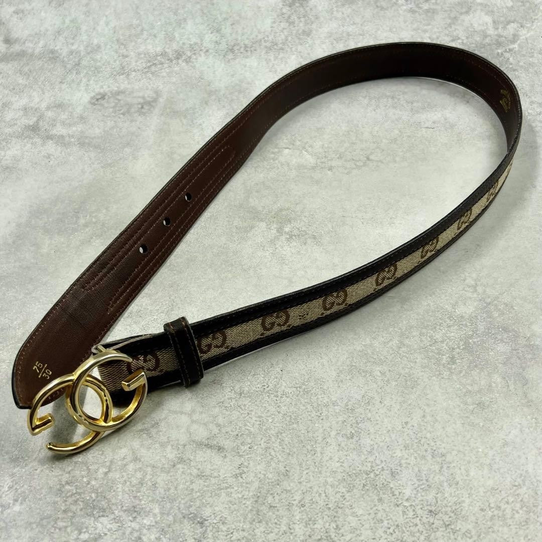 Gucci Interlocking G Gold Tone Buckle GG Canvas Leather Belt Size 75 30 L 89cm