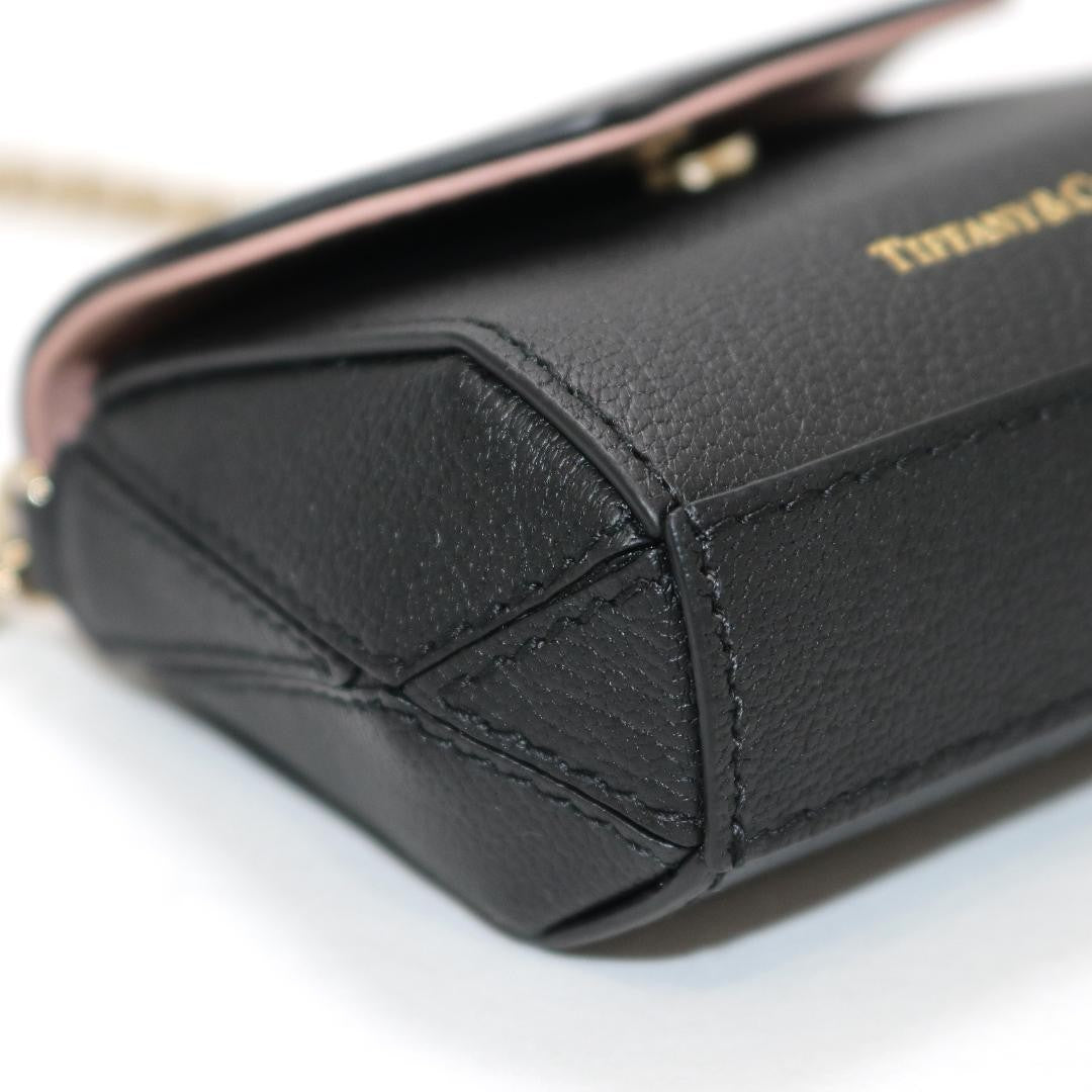 Near Mint Tiffany & Co Leather T Nano Mini Bag Pouch Black Gold Tone Chain