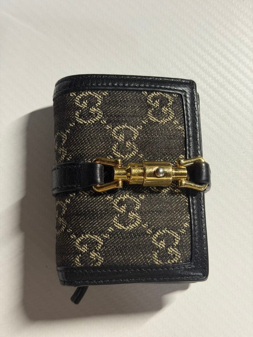 Gucci Auth 645536 GG Denim Horsebit Bifold Wallet Blue Black Leather Gold Used