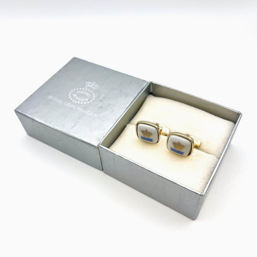 Georg Jensen x Royal Copenhagen Cufflinks White Porcelain Gold Crown Denmark