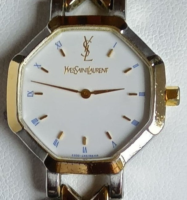 Yves Saint Laurent YSL Octagon Ladies Quartz Watch Gold Silver SS GP Japan VTG