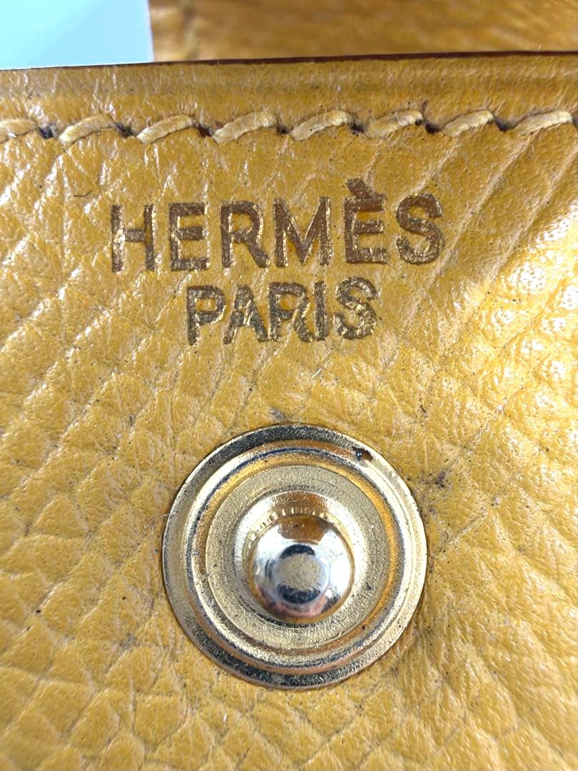 HERMES Lipstick Case Holder Yellow Epsom Leather Gold Hardware France Vintage