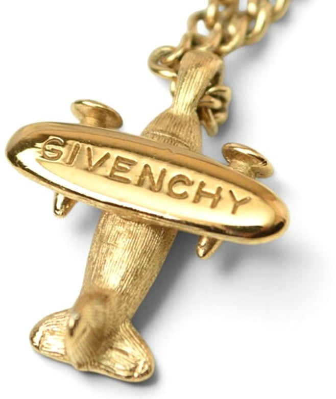 GIVENCHY Vintage Airplane Motif Pendant Necklace Gold GP Unisex Choker 40cm Used