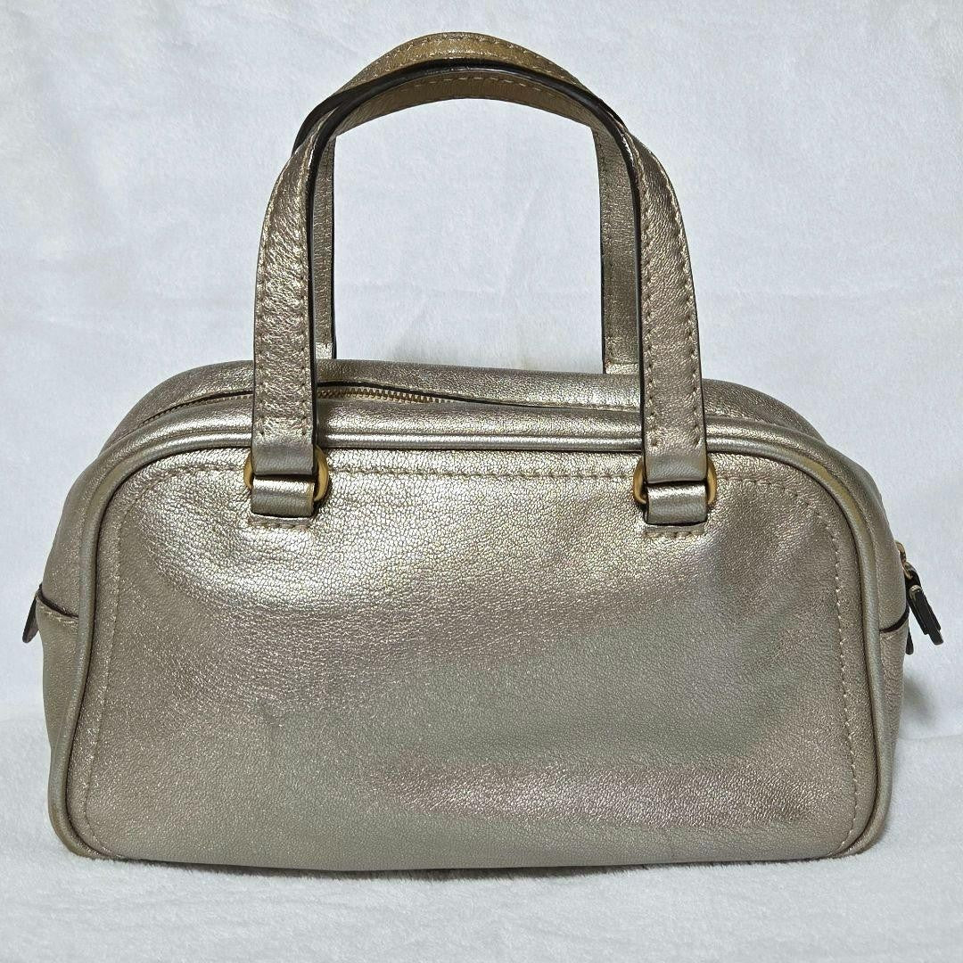 Auth LOEWE Madrid Anagram Tassel Leather Mini Boston Bag Champagne Gold Vintage