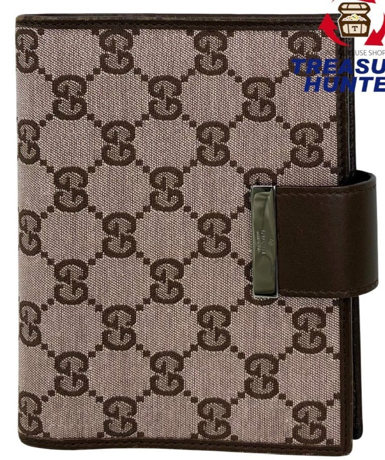 GUCCI GG Canvas Agenda Notebook Cover Planner Binder Brown Leather Silver HW