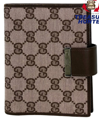 GUCCI GG Canvas Agenda Notebook Cover Planner Binder Brown Leather Silver HW