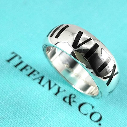 Tiffany & Co Silver 925 Wide Atlas Black Enamel Roman Numerals Ring Size US 7