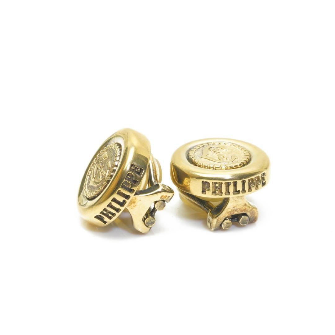 Philippe Charriol Auth Logo Round Gold Tone Earrings 1.5 cm 0.6" Diameter Used