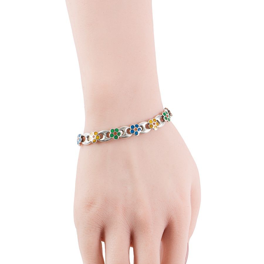 GUCCI Silver 925 Multicolor Flower GG Bracelet Bangle Double G L 16cm 6.3in