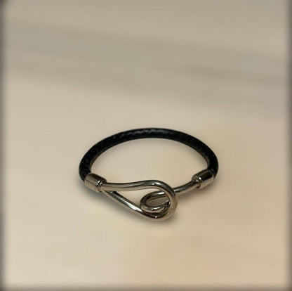 Hermes Jumbo Braided Black Leather Bangle Bracelet Hook 18cm 7in Authentic