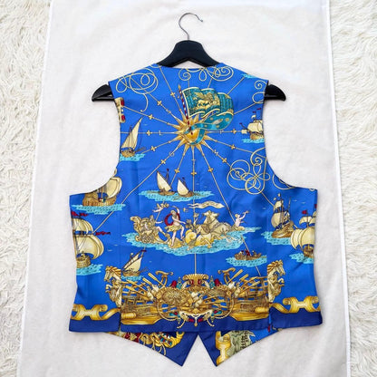 Hermes Auth Vtg Voiles et Galons Silk Scarf Print Vest Blue Size 50 Used