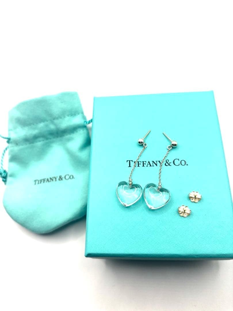 Tiffany&Co. Authentic Clear Rock Crystal Heart Swing 925 Earrings with Box Used