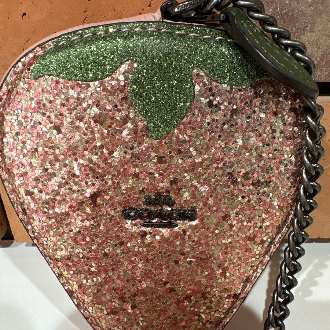COACH Strawberry Coin Purse Case Pink Glitter Leather Bag Charm Chain Keyring