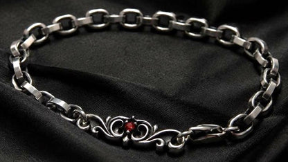 DEAL DESIGN 925 Sterling Silver Chain Bracelet Red Stone Scrollwork Used Japan