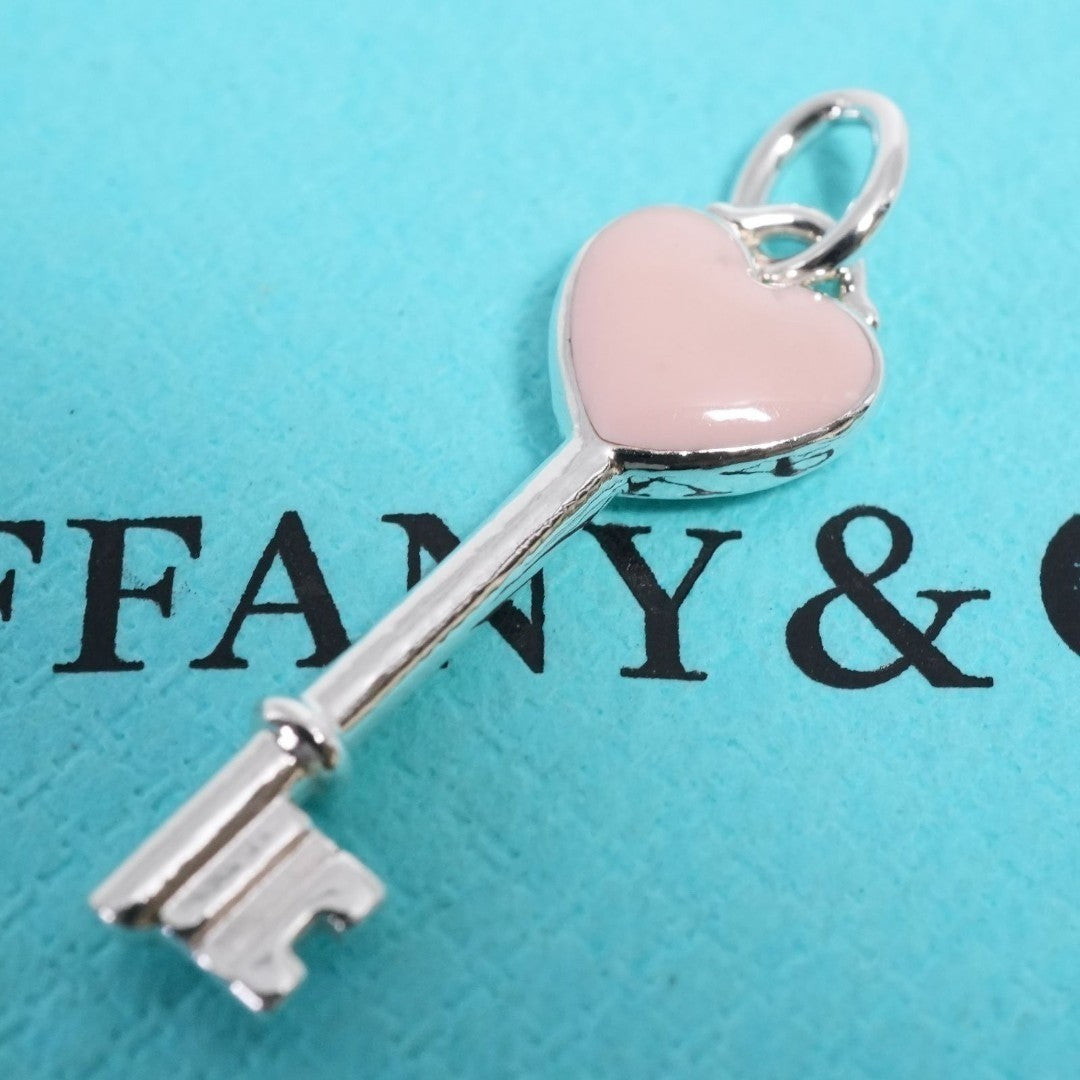 Tiffany & Co Sterling Silver 925 Pink Enamel Heart Key Pendant Top Charm