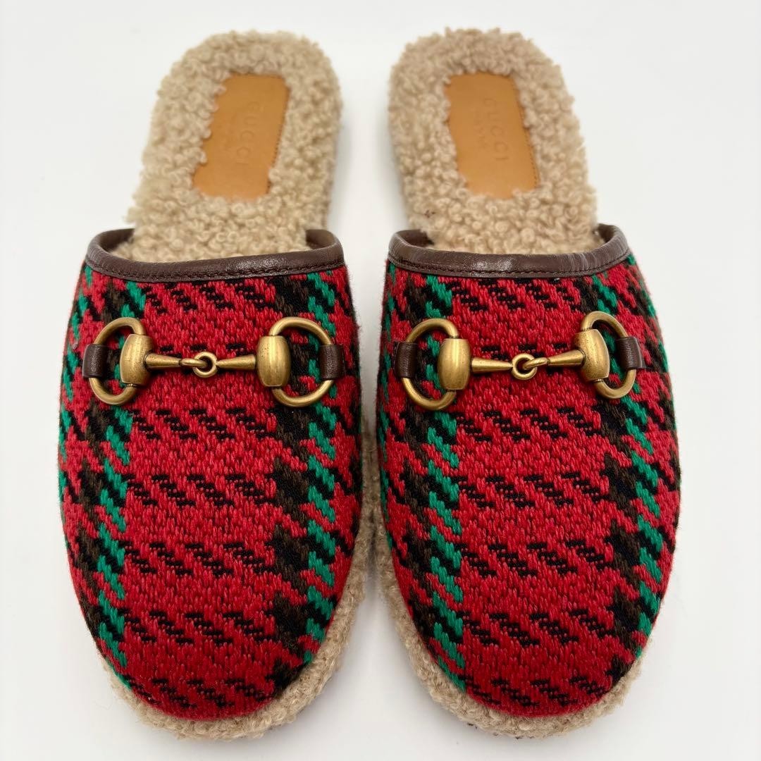 Gucci Horsebit Boa Slippers Slip-On Sandals Houndstooth Tweed Size 36 US 6 Women
