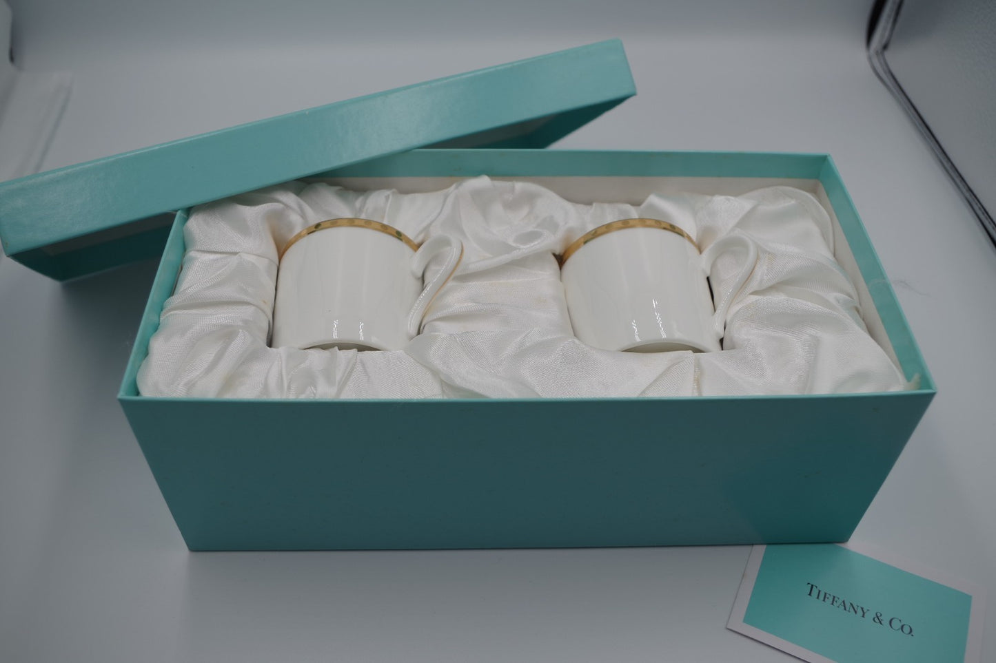 Tiffany & Co Gold Band Demitasse Cups Saucers Pair Made in Japan White Gold Set