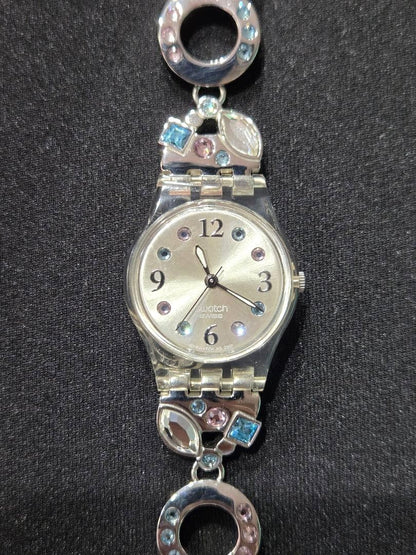 Swatch Menthol Tone LK292G Ladies Watch Crystal Bracelet Silver Swiss Quartz
