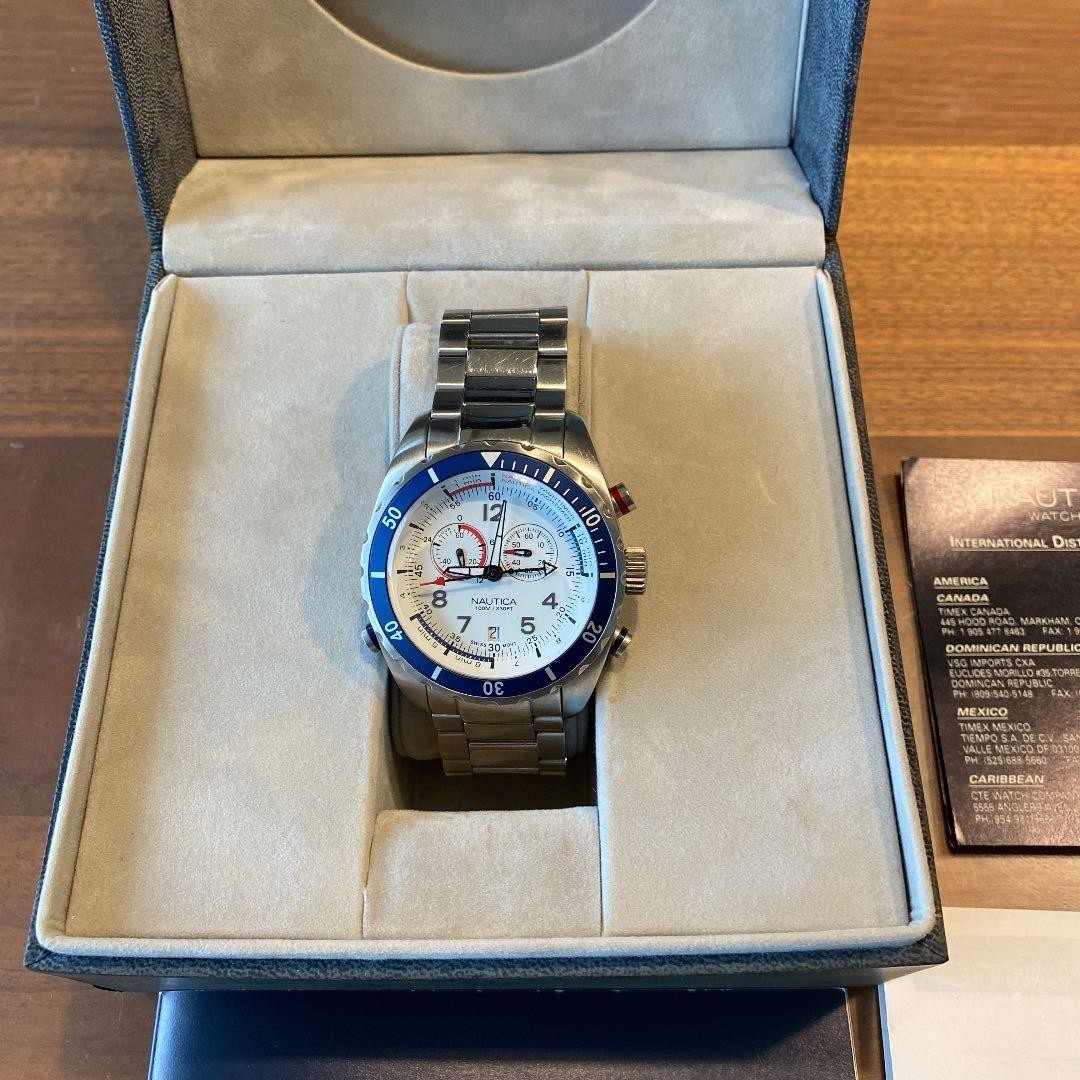 NAUTICA Yachtimer A34502 Chronograph Mens Watch White Dial Steel Swiss Made 44mm