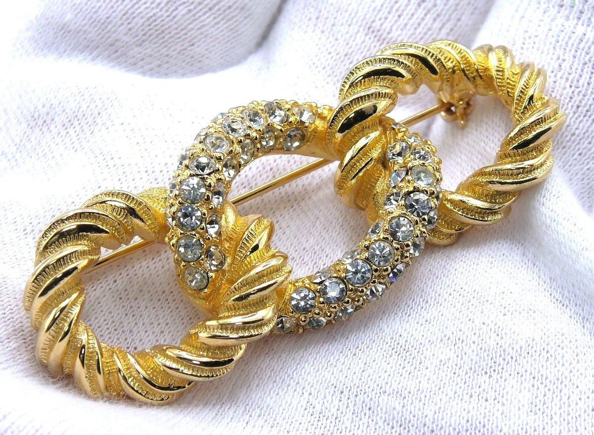 Christian Dior Twist Rope Rhinestone Brooch Pin Gold Tone Vintage Signed 3.4cm