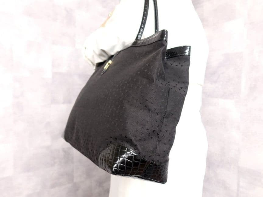 Tiffany & Co Canvas Crocodile embossed Black Leather Tote Bag Gold Hearware
