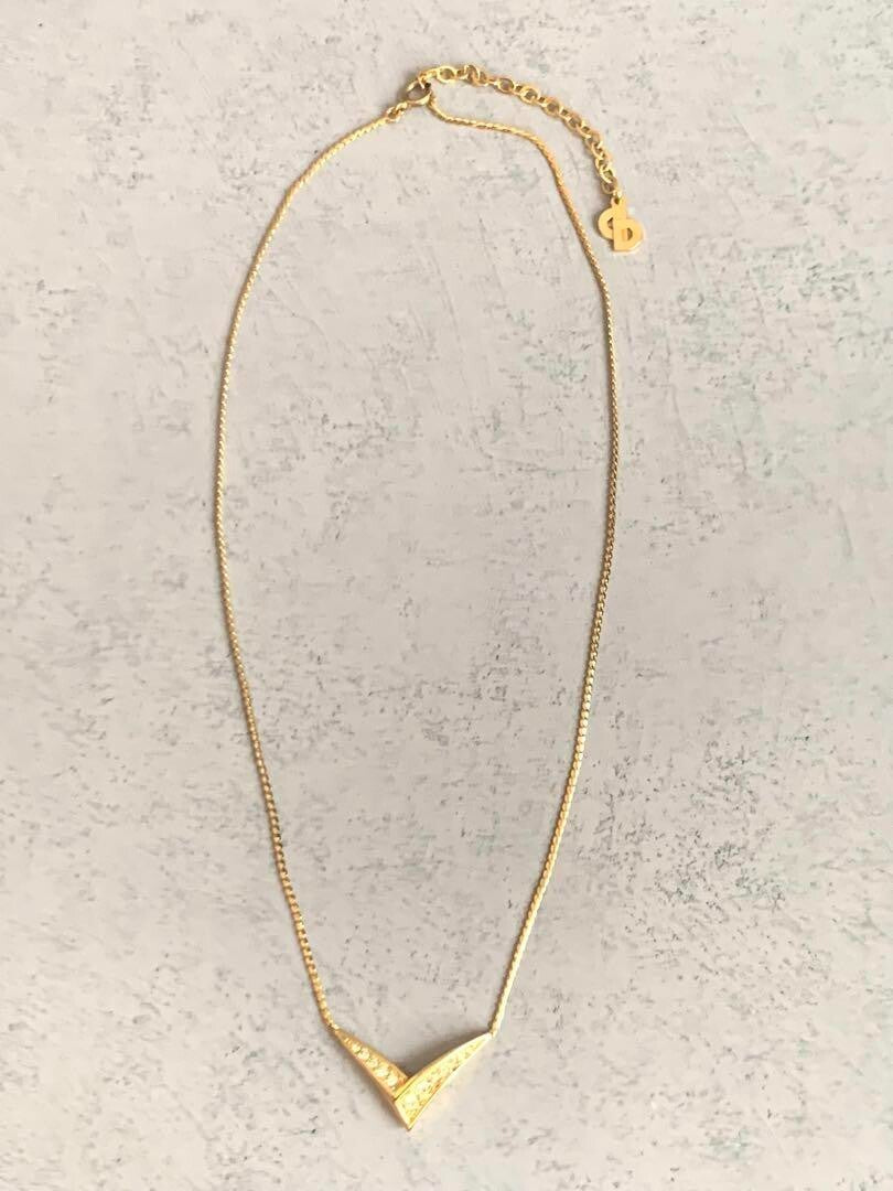 Christian Dior Gold Plated Rhinestone Charm Pendant Necklace Length 14"- 18"