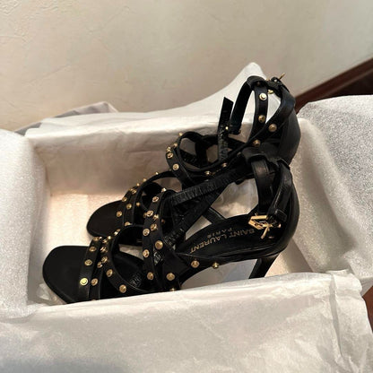 Saint Laurent Paris YSL Black Leather Studded Sandals Heels Size 36.5 US 6.5