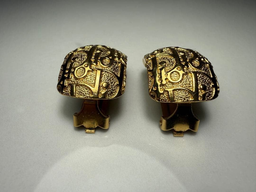 Vintage Christian Dior Trotter Clip On Gold Tone Earrings iconic monogram design