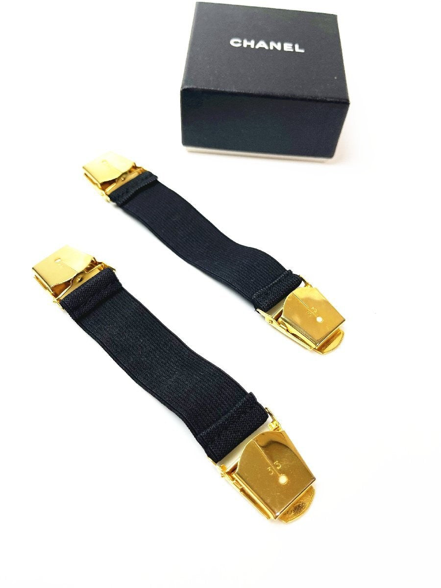Chanel Auth Vtg Arm Band Mini Suspender Black White Gold GP Rubber 15cm 5.9"