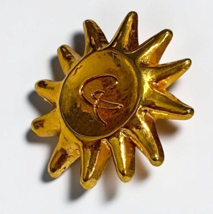 Christian Lacroix Sun Pin Brooch Gold Tone Vintage Badge Lapel Pin France Made