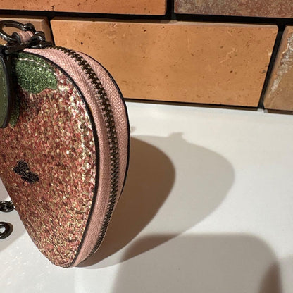 COACH Strawberry Coin Purse Case Pink Glitter Leather Bag Charm Chain Keyring