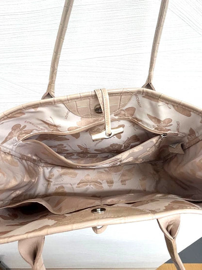 LONGCHAMP Roseau Tote Bag Beige Embossed Leather Shoulder Handbag 13.8x10.2x4.3"
