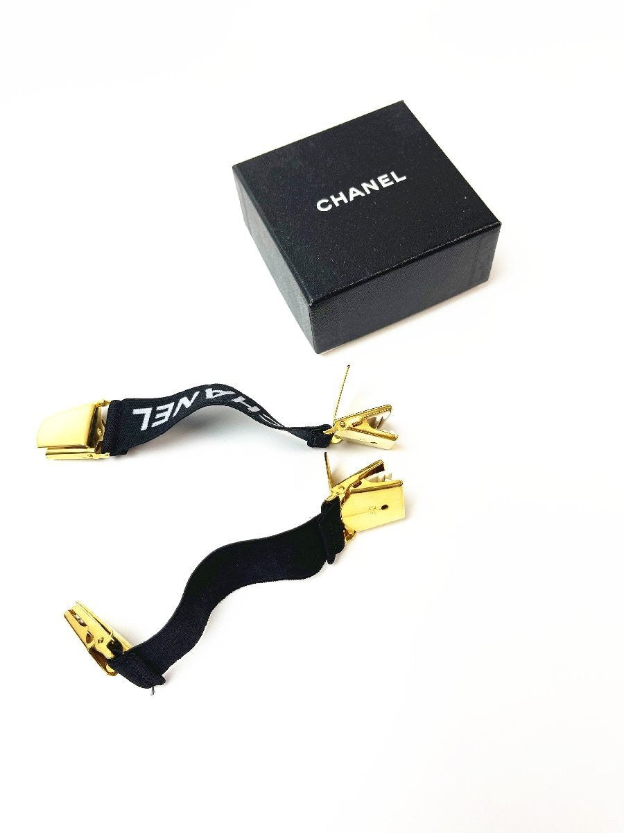 Chanel Auth Vtg Arm Band Mini Suspender Black White Gold GP Rubber 15cm 5.9"