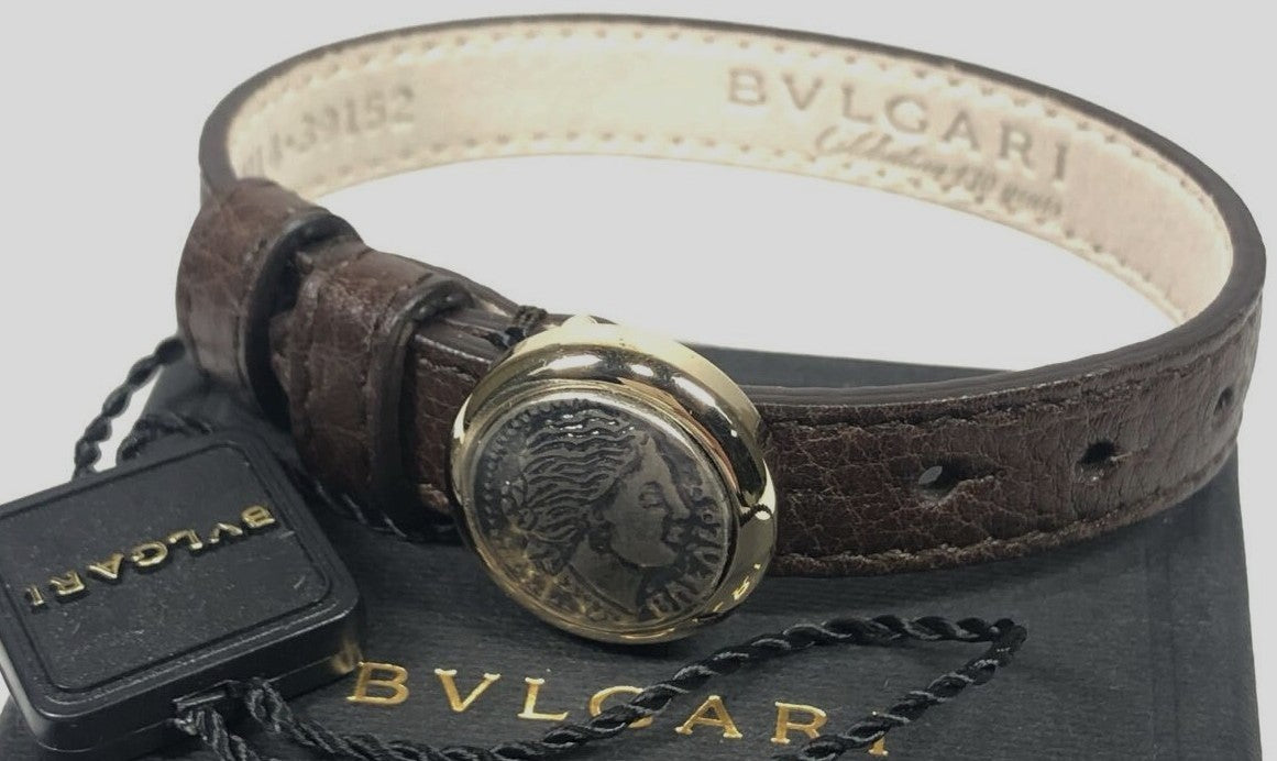 BVLGARI Monete Coin Leather Bracelet Brown Gold HW Ancient Coin Authentic Italy
