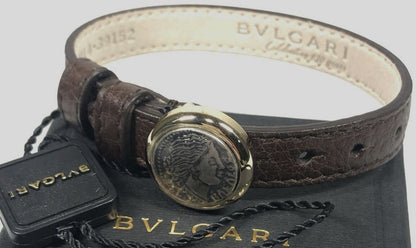 BVLGARI Monete Coin Leather Bracelet Brown Gold HW Ancient Coin Authentic Italy