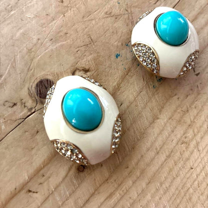 CINER Vintage Clip-On Earrings Turquoise Cabochon Cream Enamel Crystal Gold Tone