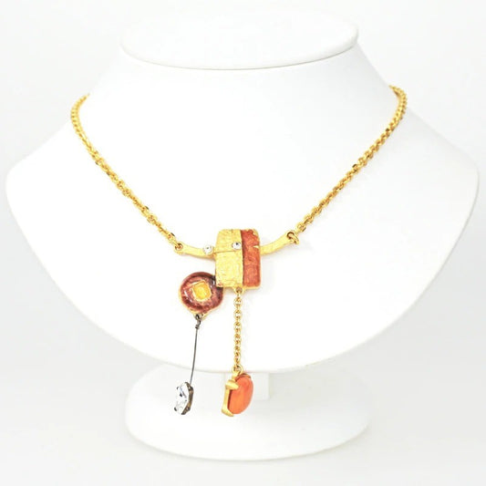 Christian Lacroix Vintage Enamel Stone Necklace YG Plated Enamel Stone Used
