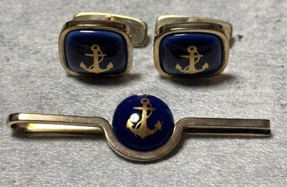 Georg Jensen Anchor Cufflinks Tie Clip Set Sterling Silver 925 Blue Denmark Men