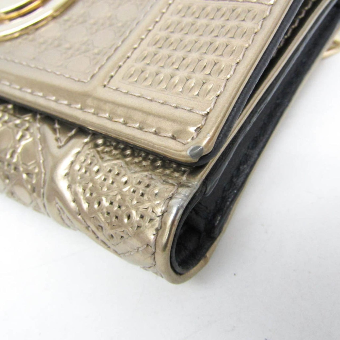 Dior Champagne Gold Micro Cannage Patent Leather Diorama Trifold Wallet Auth