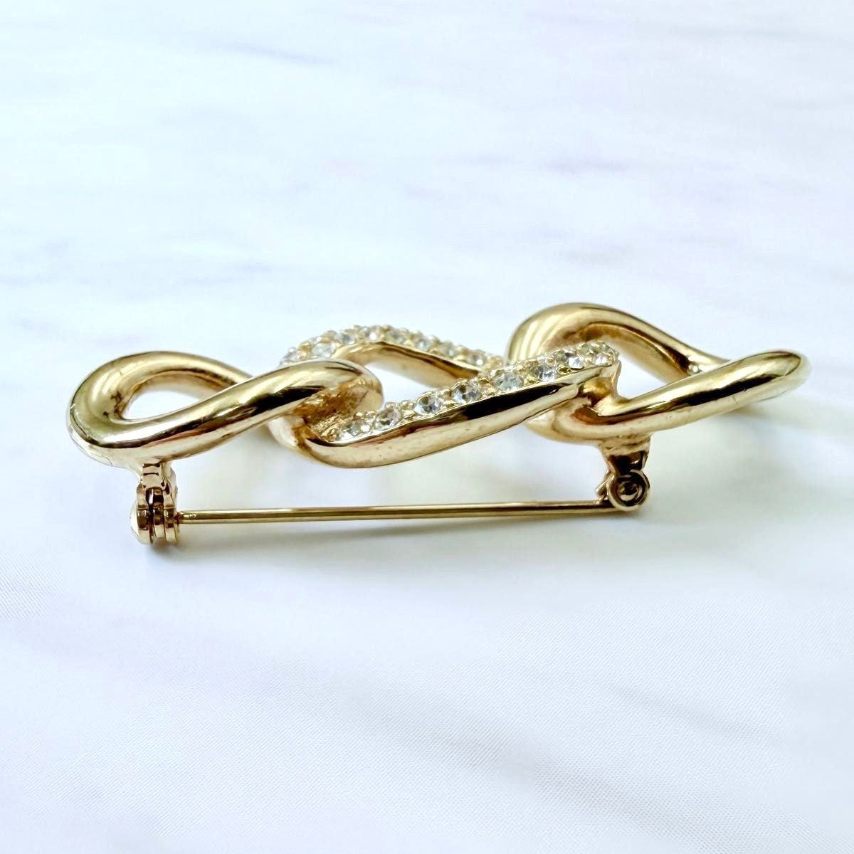 Christian Dior Vintage Brooch Gold Tone Chain Link Rhinestone Pin Signed Jewelry