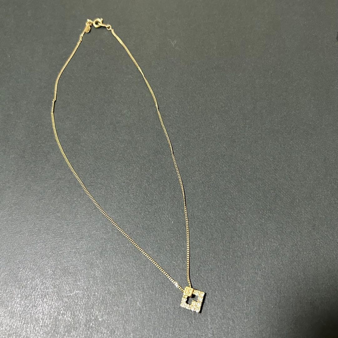 Givenchy Vtg 18KGP Gold Square Rhinestone Necklace 40 cm 15.7" Chain Used Auth