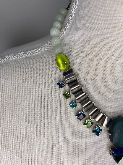 Philippe Ferrandis Green Blue Silver Bijou Chain Necklace Lobster Clasp Used