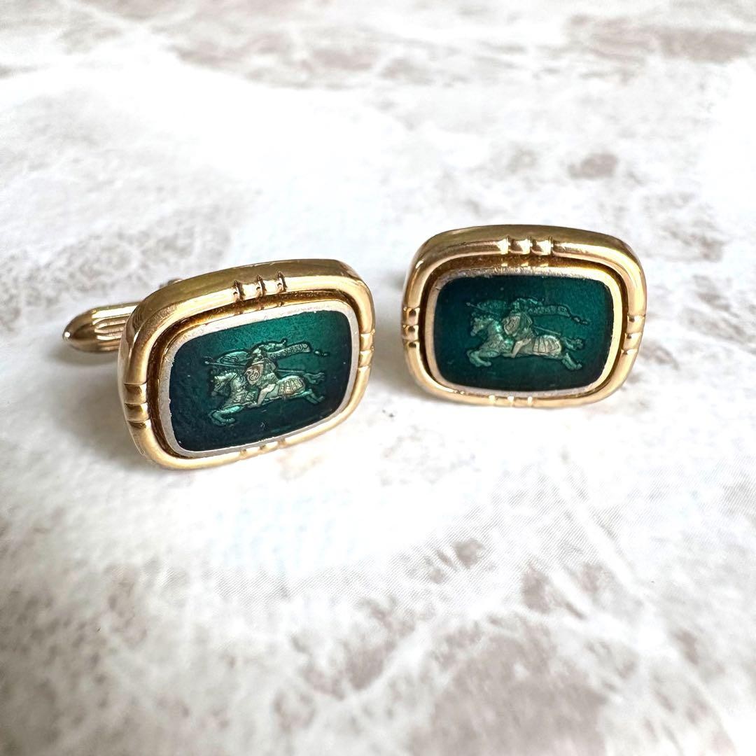 Burberrys Vtg Horse Logo Cufflinks Gold Green Shadow Knight 1.5x1.9 cm 0.6x0.7"