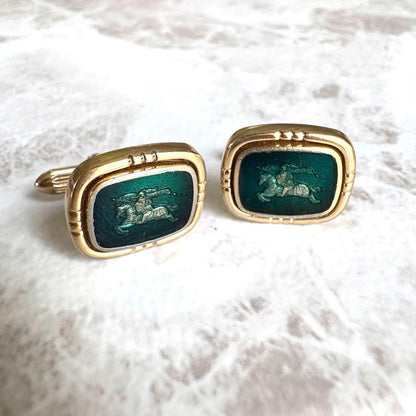 Burberrys Vtg Horse Logo Cufflinks Gold Green Shadow Knight 1.5x1.9 cm 0.6x0.7"