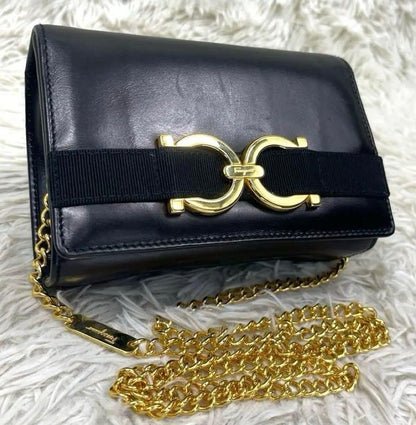Salvatore Ferragamo Gancini Gold Chain Shoulder Bag Leather Purse Authentic