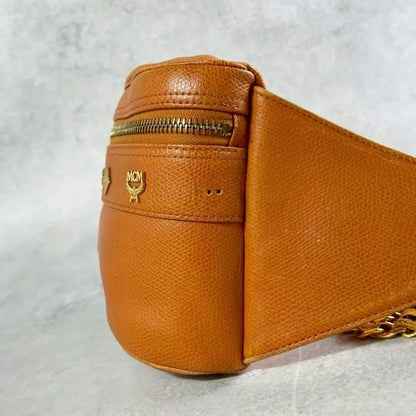 Rare MCM Brown Leather Body Bag Waist Bag Crossbody Gold Hardware Authentic