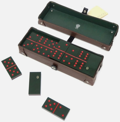 GUCCI Domino Game Set Green Leather Case 28 Pieces GG Logo 2.2in Authentic